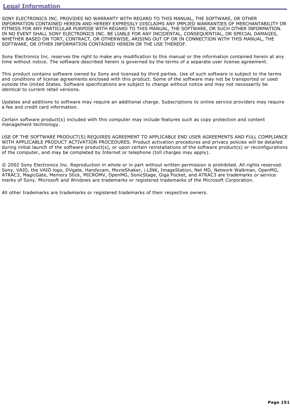 Legal information | Sony PCG-R505ELK User Manual | Page 151 / 214