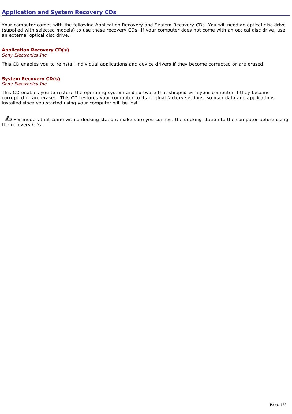 Application and system recovery cds | Sony PCG-R505ELK User Manual | Page 153 / 214