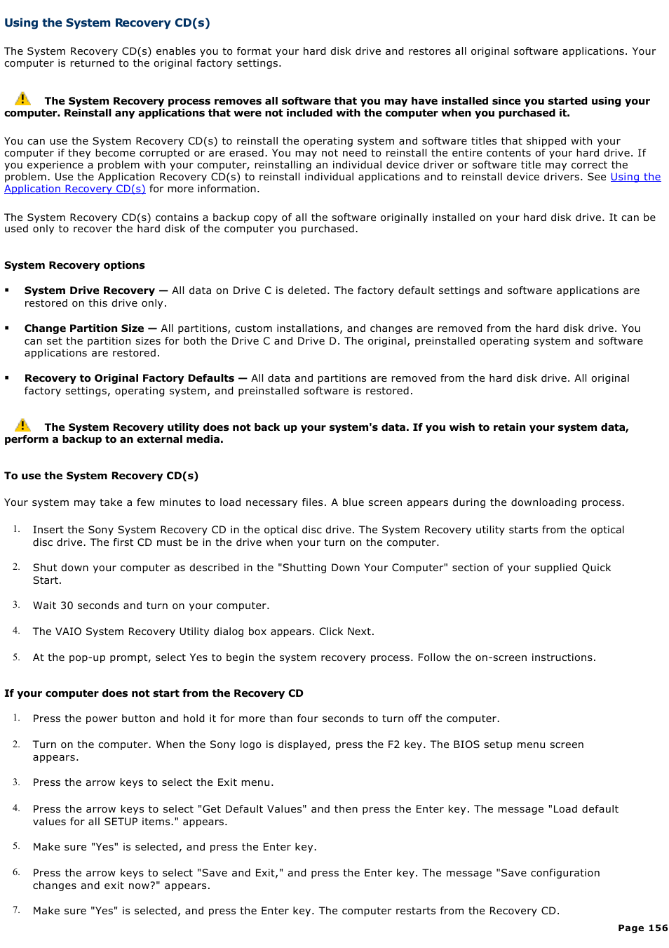 Using the system recovery cd(s) | Sony PCG-R505ELK User Manual | Page 156 / 214