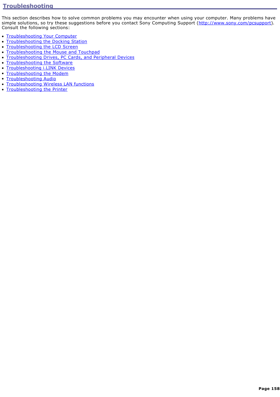 Troubleshooting | Sony PCG-R505ELK User Manual | Page 158 / 214