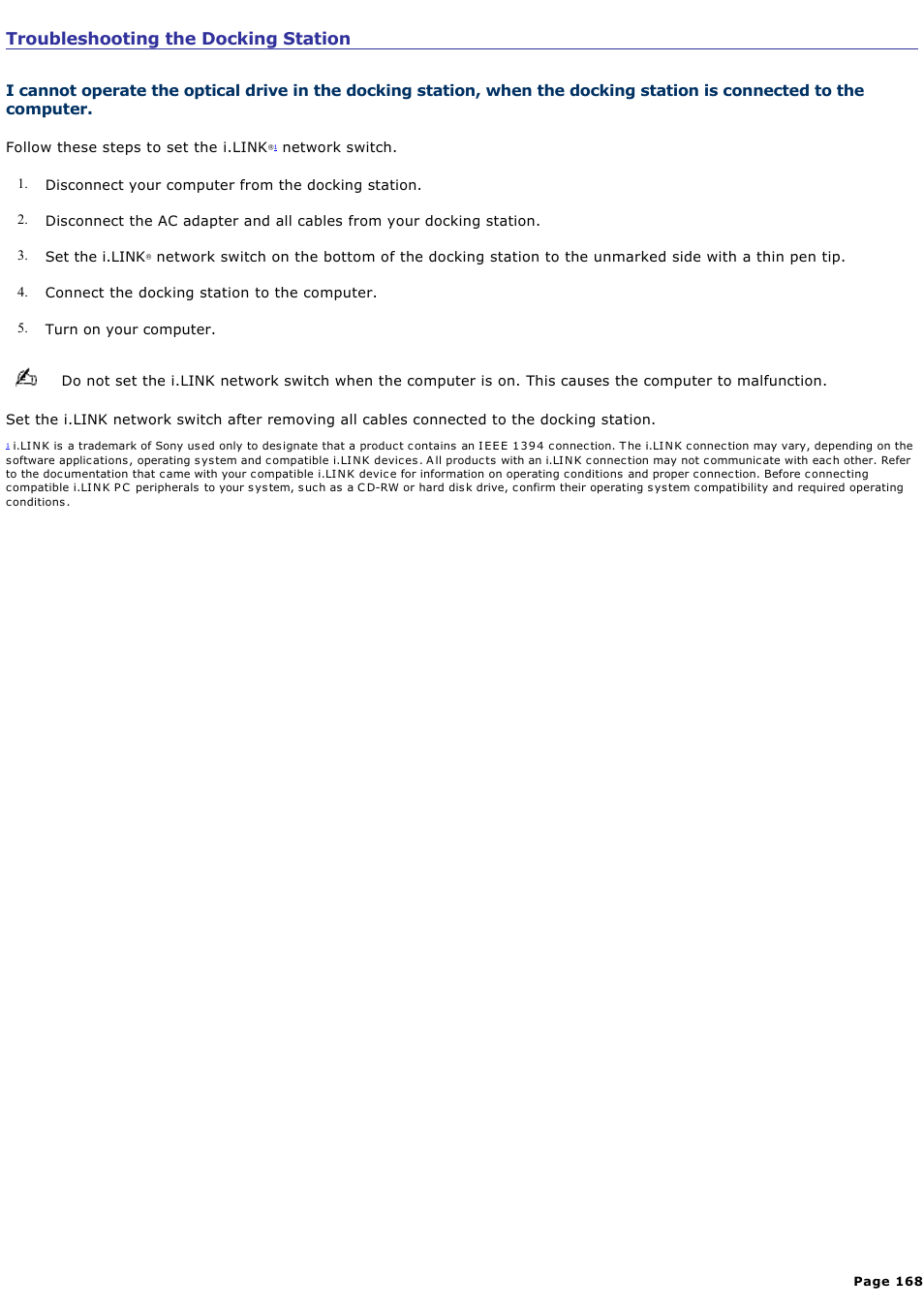 Troubleshooting the docking station | Sony PCG-R505ELK User Manual | Page 168 / 214