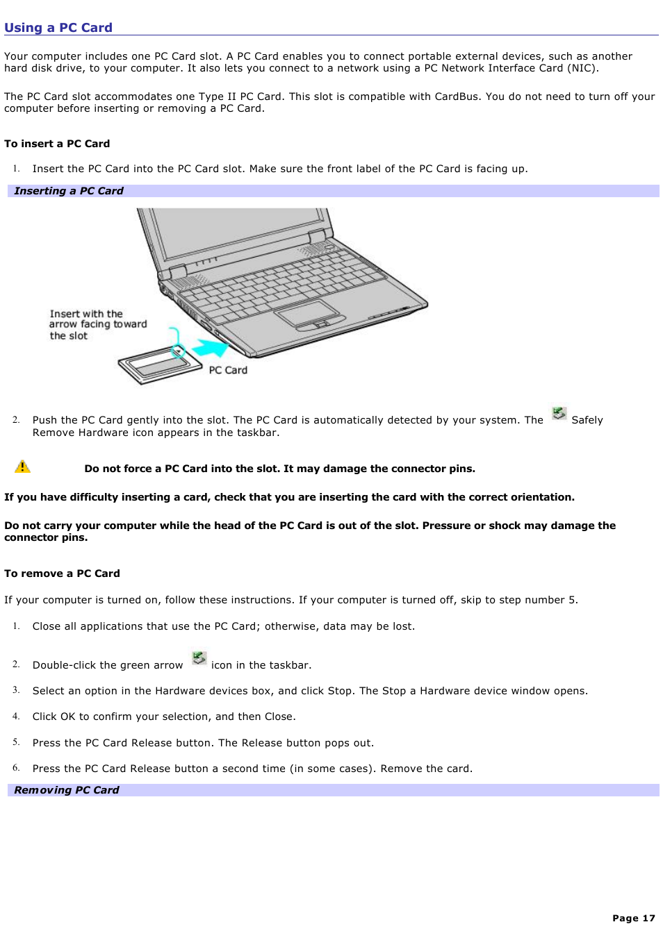 Using a pc card | Sony PCG-R505ELK User Manual | Page 17 / 214