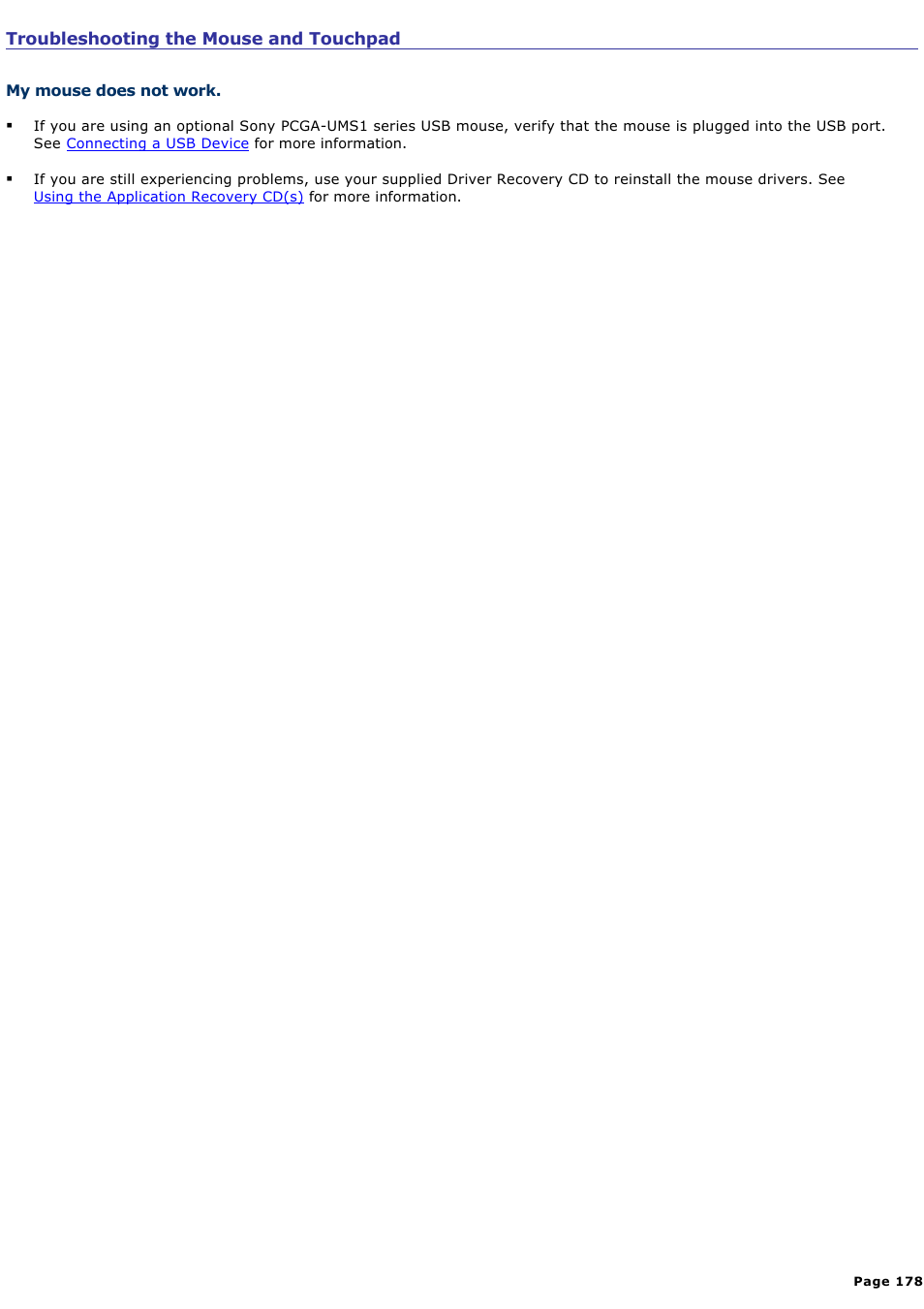 Troubleshooting the mouse and touchpad | Sony PCG-R505ELK User Manual | Page 178 / 214