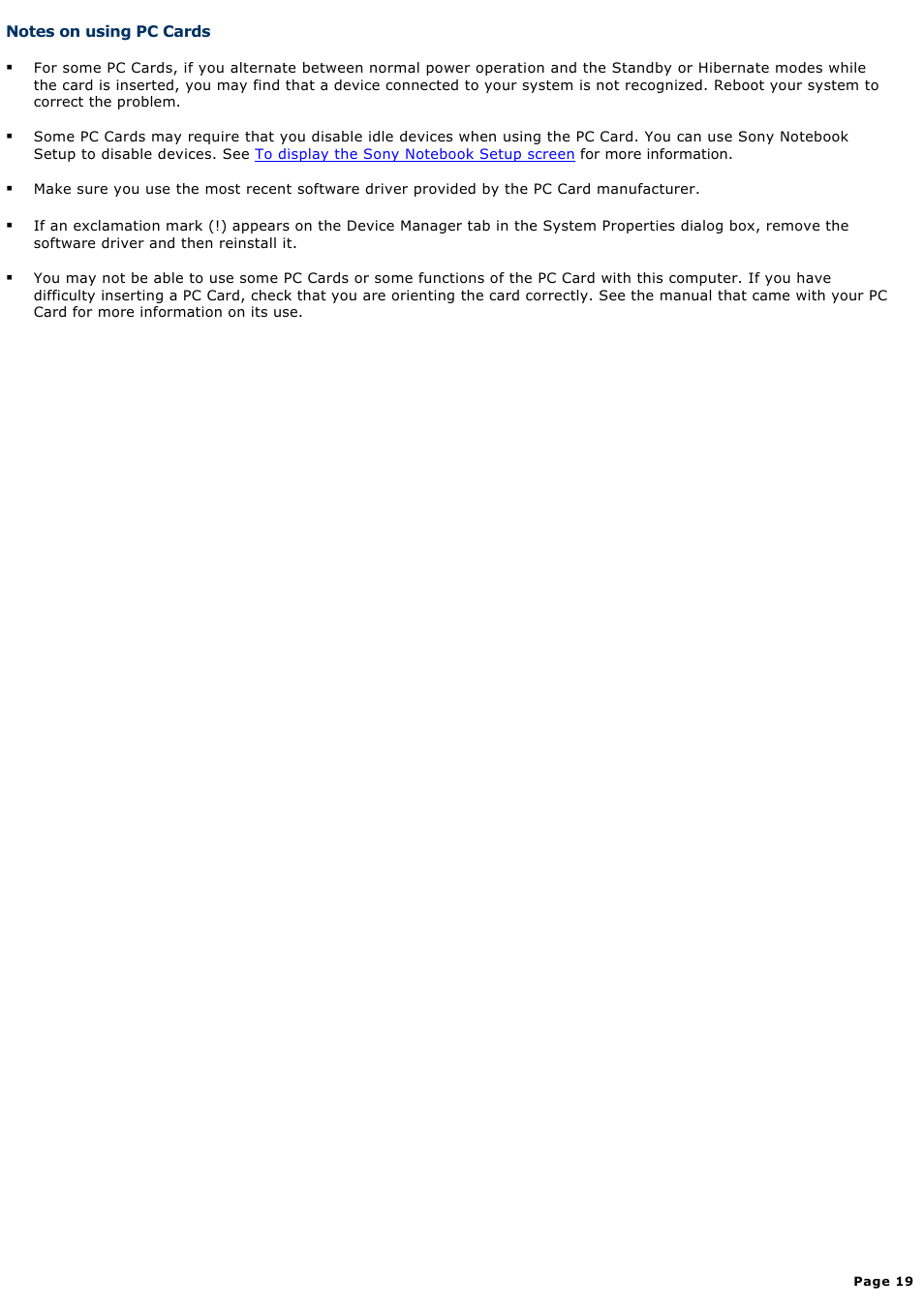 Notes on using pc cards | Sony PCG-R505ELK User Manual | Page 19 / 214
