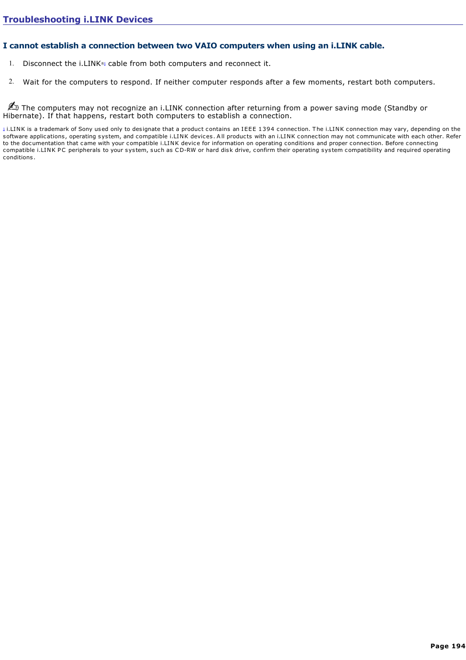 Troubleshooting i.link devices | Sony PCG-R505ELK User Manual | Page 194 / 214
