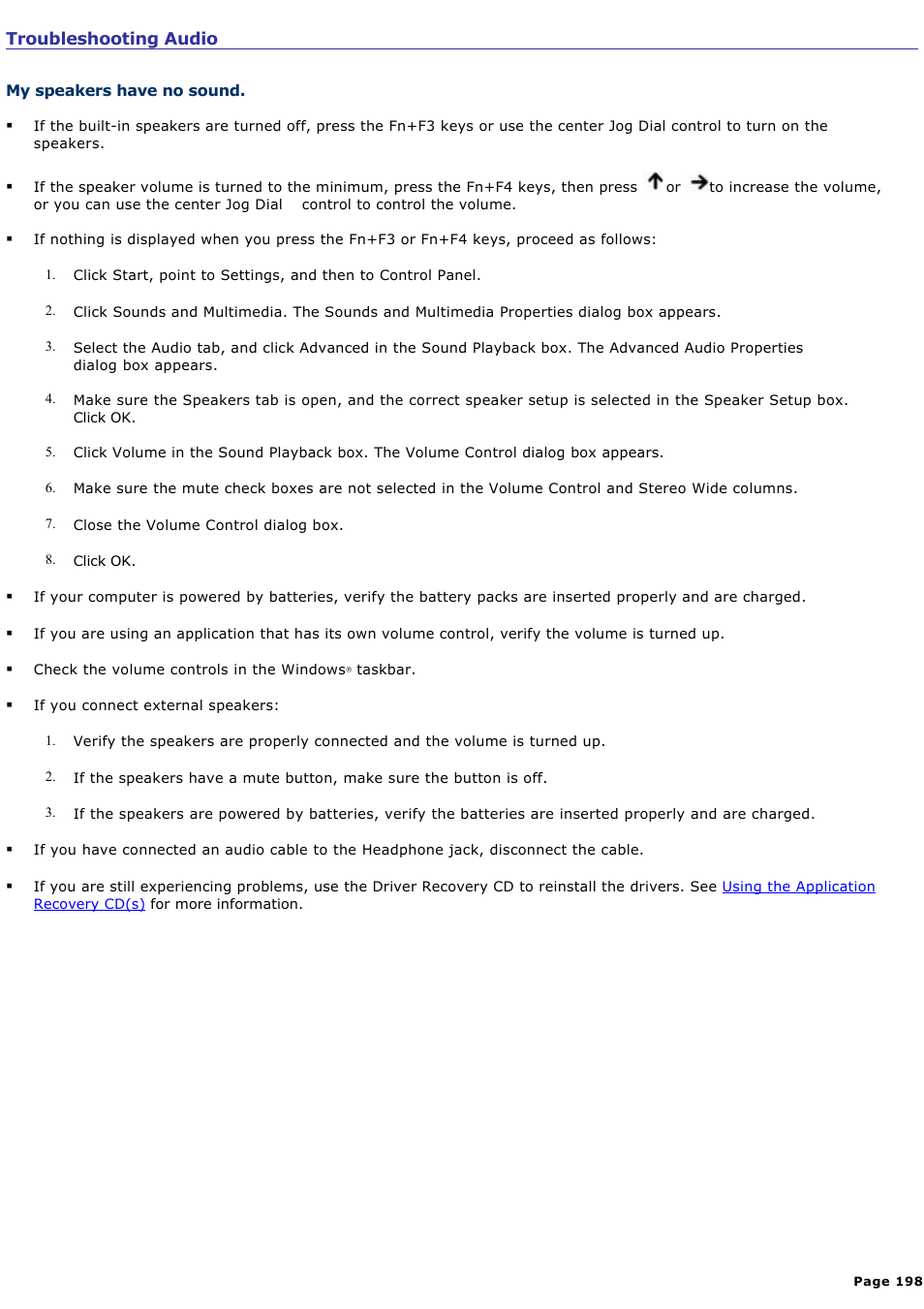 Troubleshooting audio | Sony PCG-R505ELK User Manual | Page 198 / 214