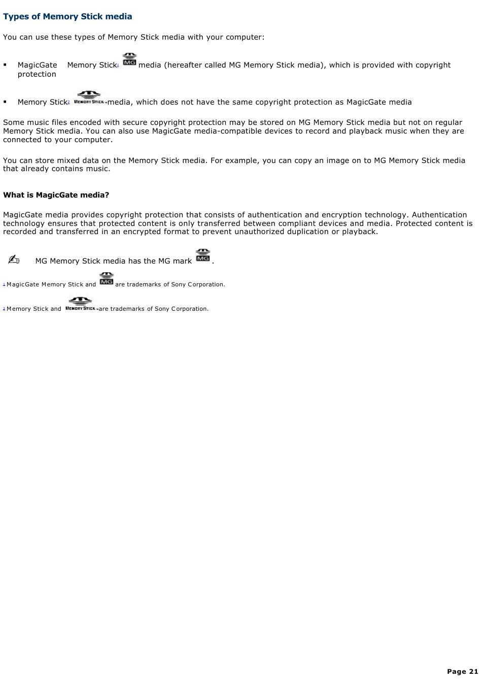Types of memory stick media | Sony PCG-R505ELK User Manual | Page 21 / 214