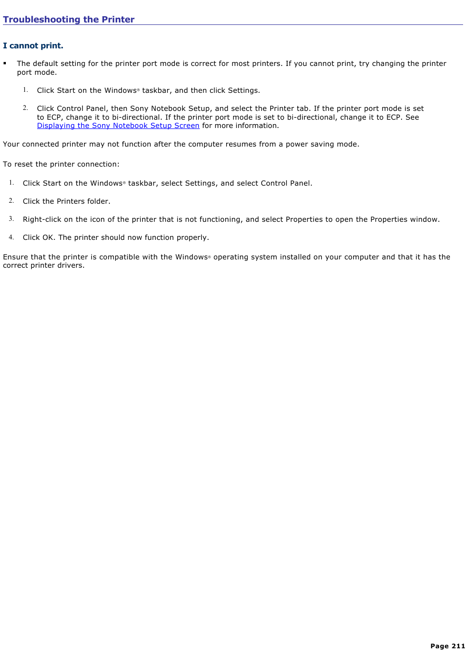 Troubleshooting the printer | Sony PCG-R505ELK User Manual | Page 211 / 214