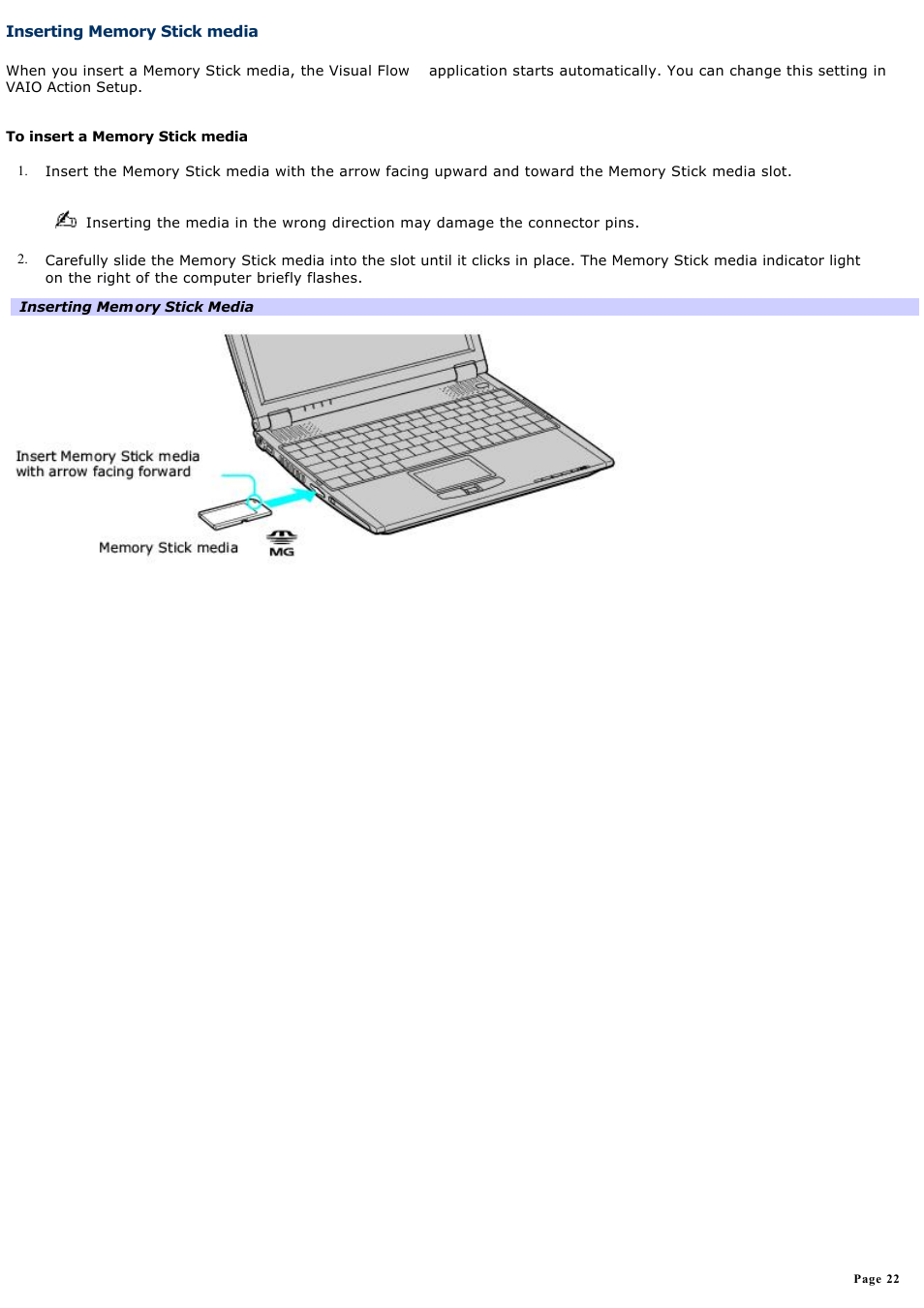 Inserting memory stick media | Sony PCG-R505ELK User Manual | Page 22 / 214