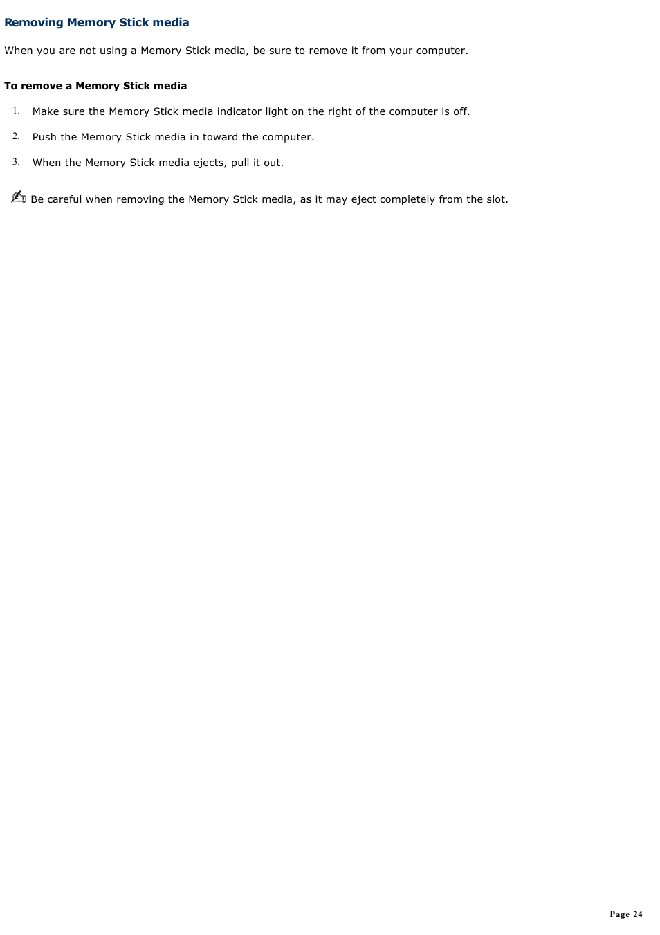 Removing memory stick media | Sony PCG-R505ELK User Manual | Page 24 / 214