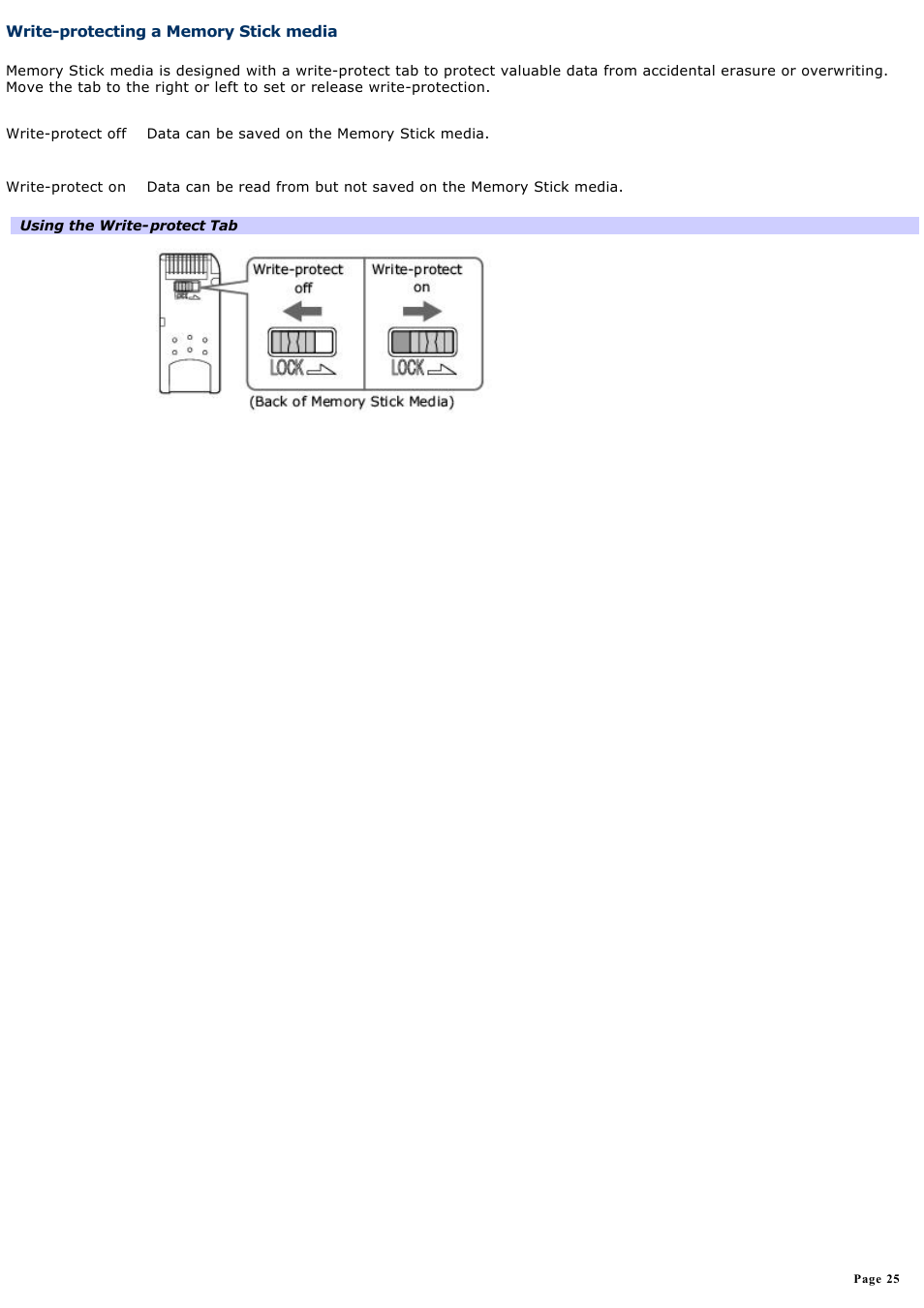 Write-protecting a memory stick media | Sony PCG-R505ELK User Manual | Page 25 / 214