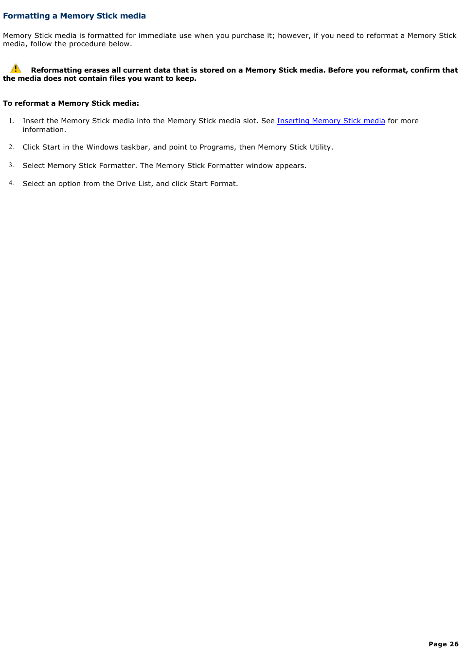 Formatting a memory stick media | Sony PCG-R505ELK User Manual | Page 26 / 214