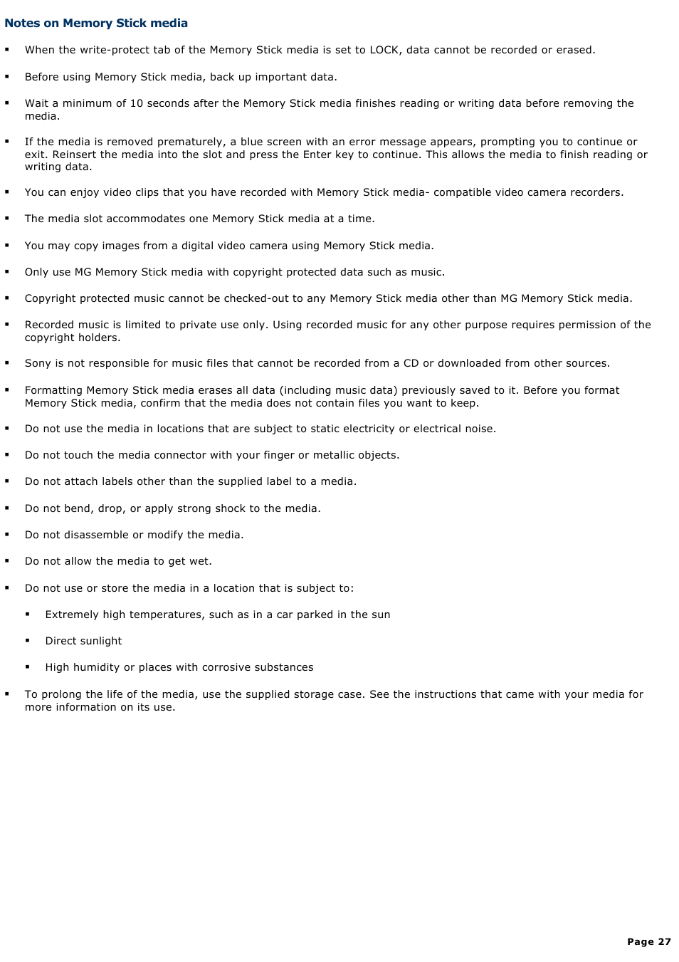 Notes on memory stick media | Sony PCG-R505ELK User Manual | Page 27 / 214