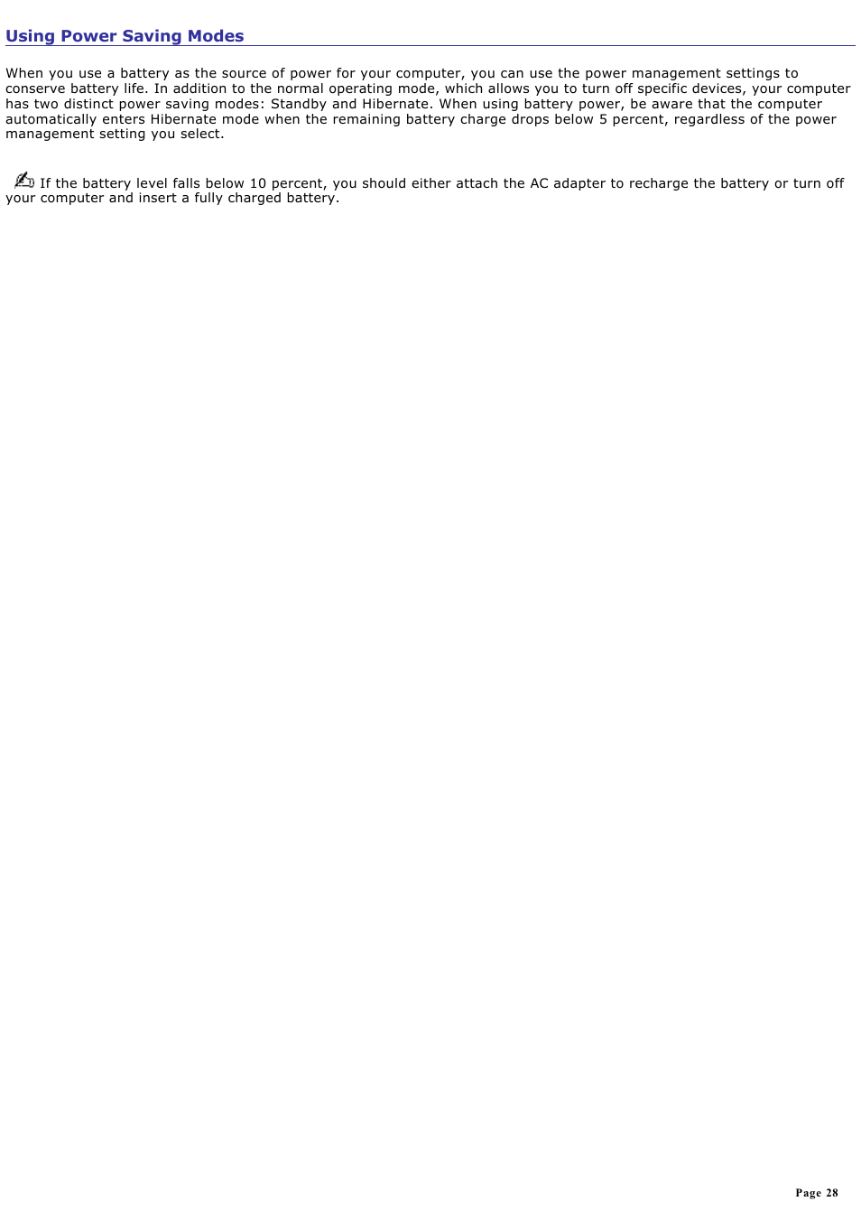 Using power saving modes | Sony PCG-R505ELK User Manual | Page 28 / 214