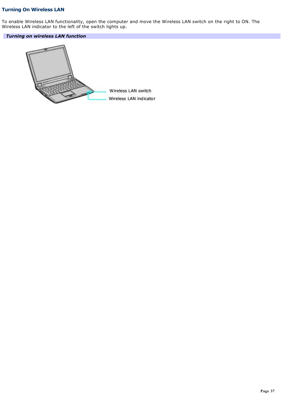 Turning on wireless lan | Sony PCG-R505ELK User Manual | Page 37 / 214