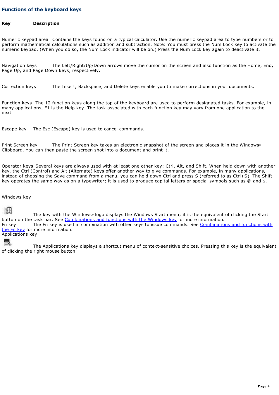 Functions of the keyboard keys | Sony PCG-R505ELK User Manual | Page 4 / 214