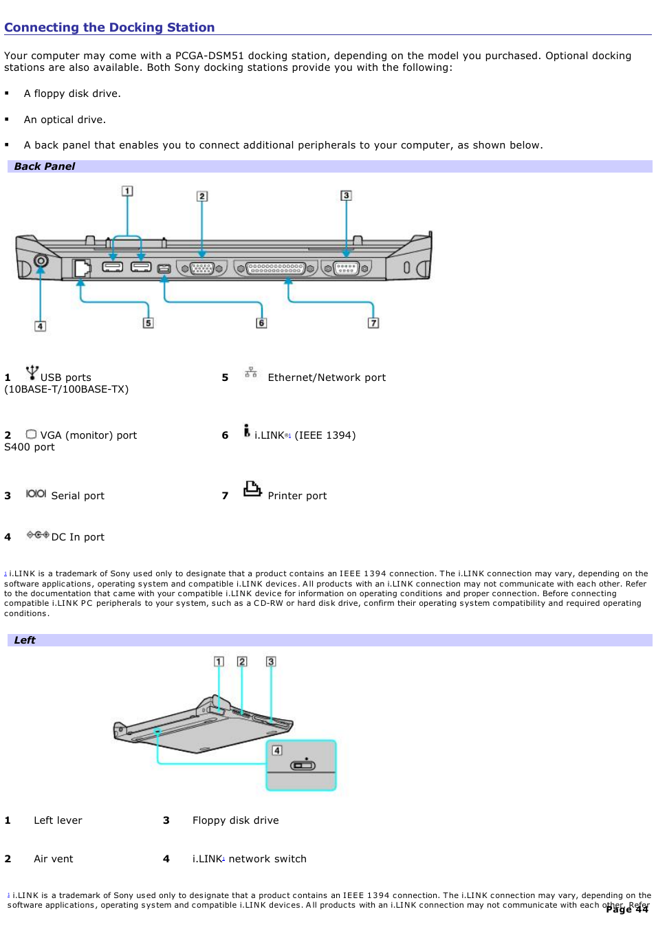 Connecting the docking station | Sony PCG-R505ELK User Manual | Page 44 / 214