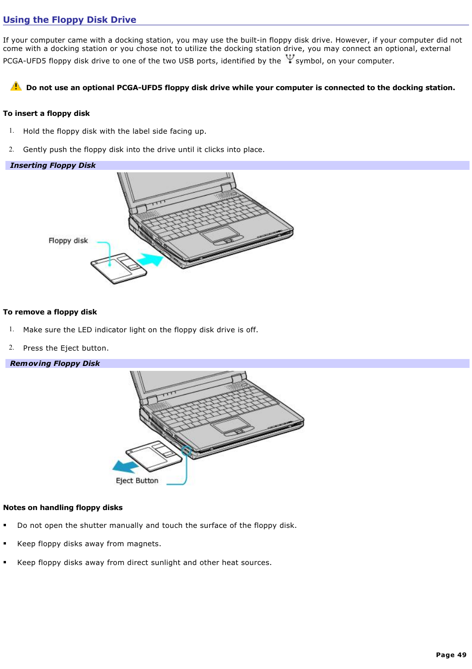 Using the floppy disk drive | Sony PCG-R505ELK User Manual | Page 49 / 214
