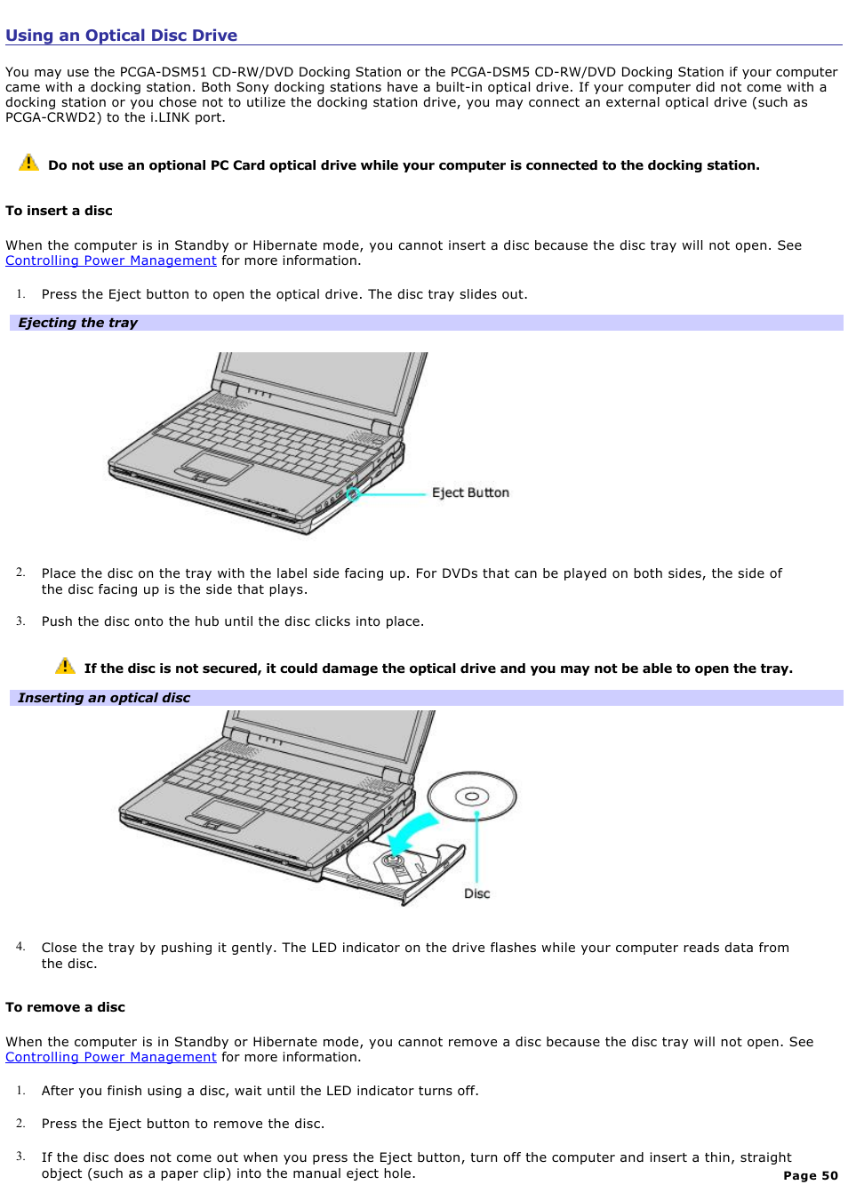 Using an optical disc drive | Sony PCG-R505ELK User Manual | Page 50 / 214