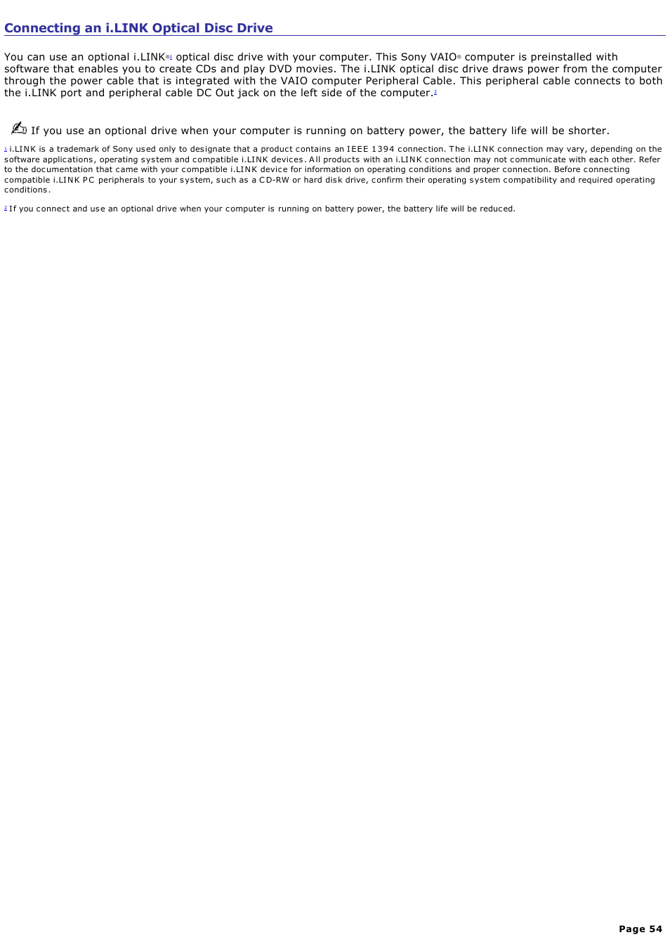 Connecting an i.link optical disc drive | Sony PCG-R505ELK User Manual | Page 54 / 214
