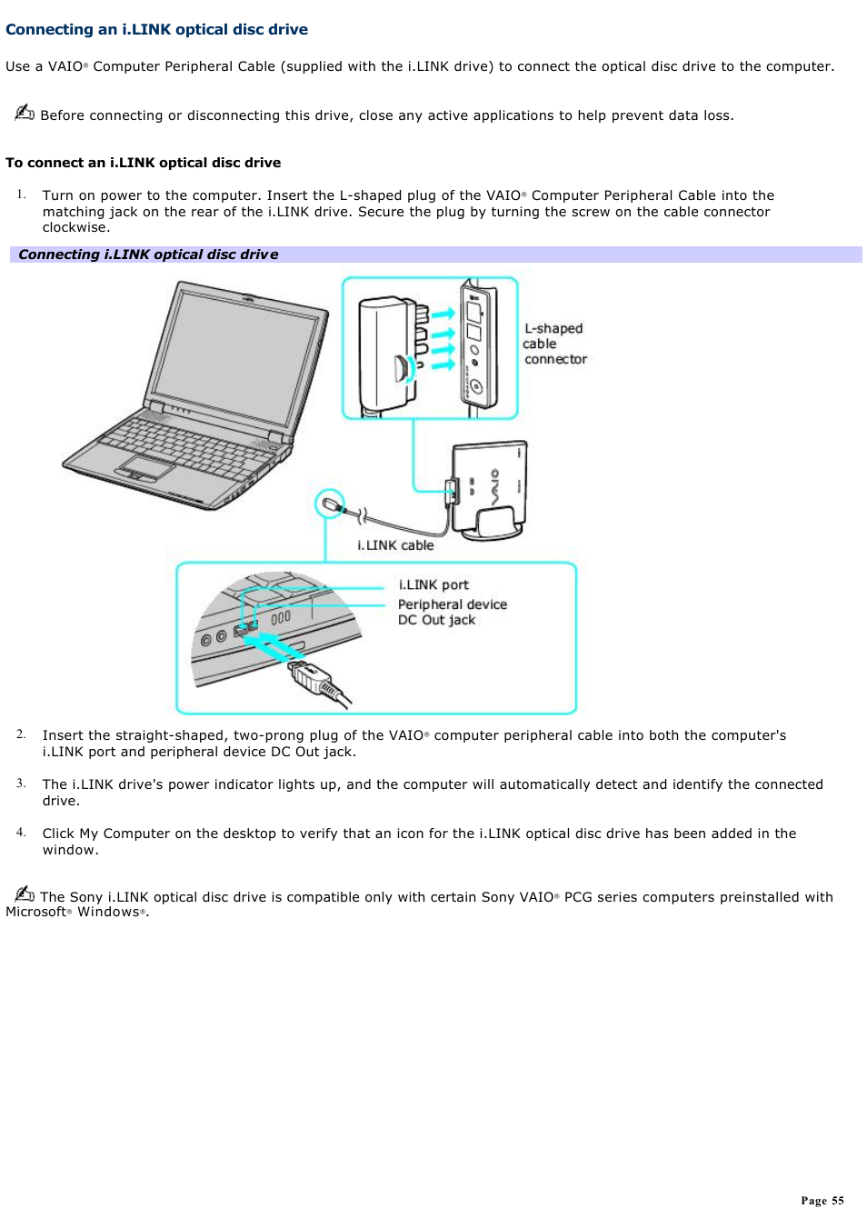 Connecting an i.link optical disc drive | Sony PCG-R505ELK User Manual | Page 55 / 214