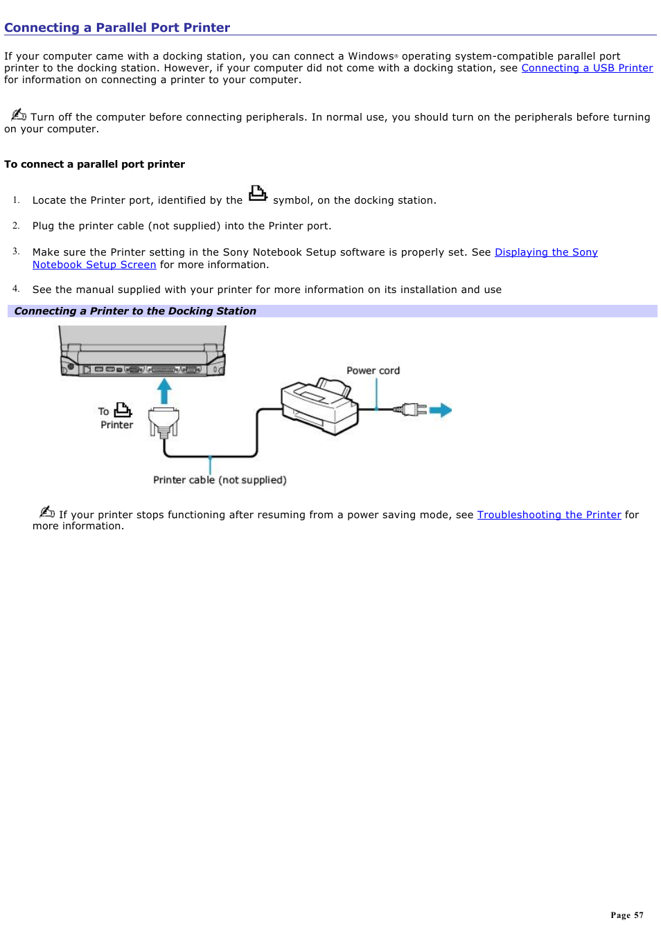 Connecting a parallel port printer | Sony PCG-R505ELK User Manual | Page 57 / 214