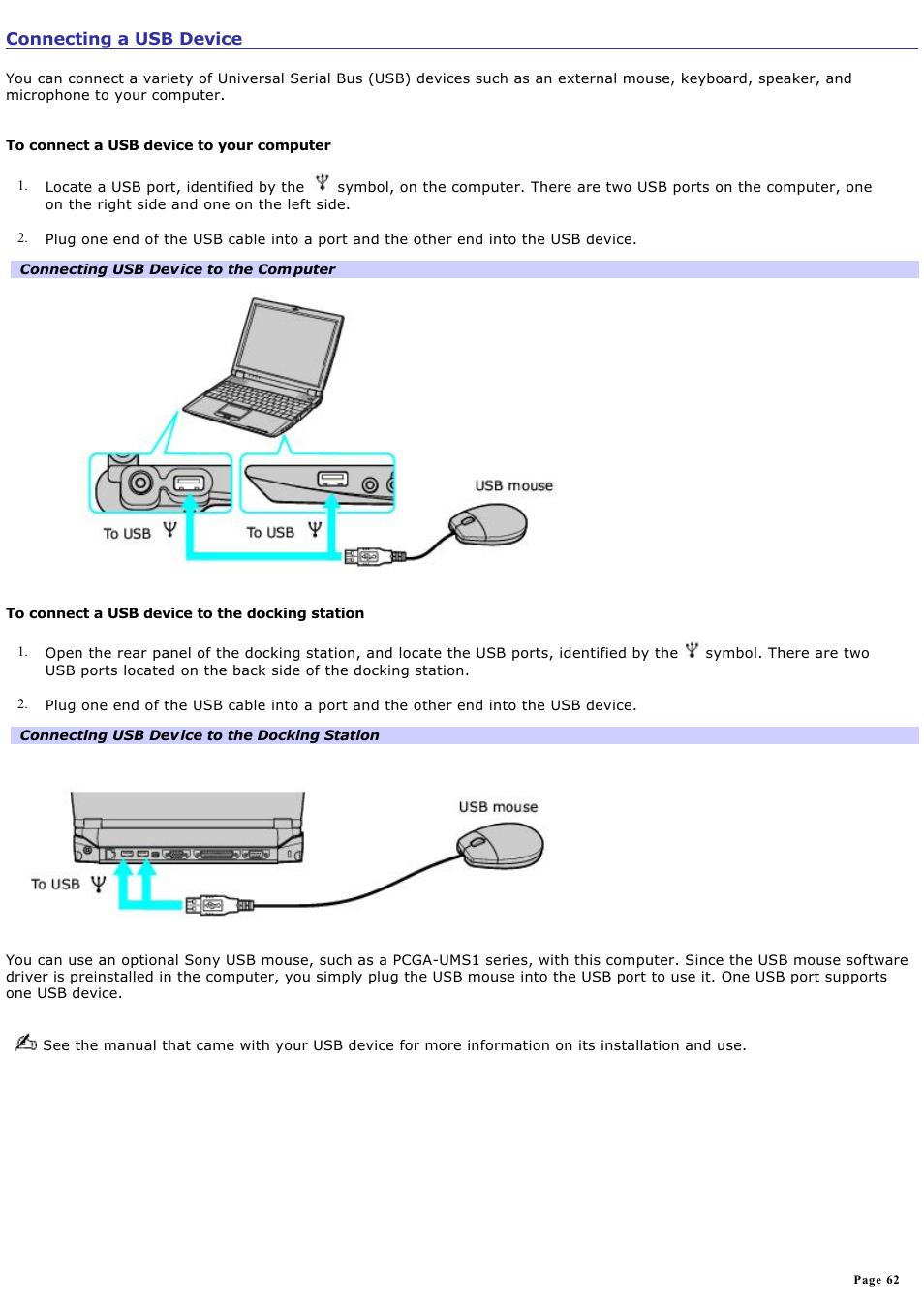 Connecting a usb device | Sony PCG-R505ELK User Manual | Page 62 / 214
