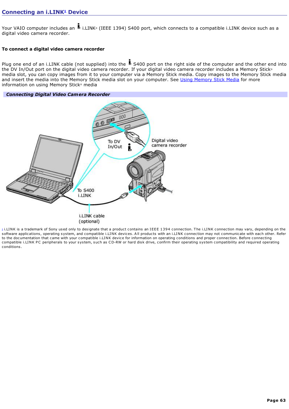 Connecting an i.link device, Connecting an i.link, Device | Sony PCG-R505ELK User Manual | Page 63 / 214