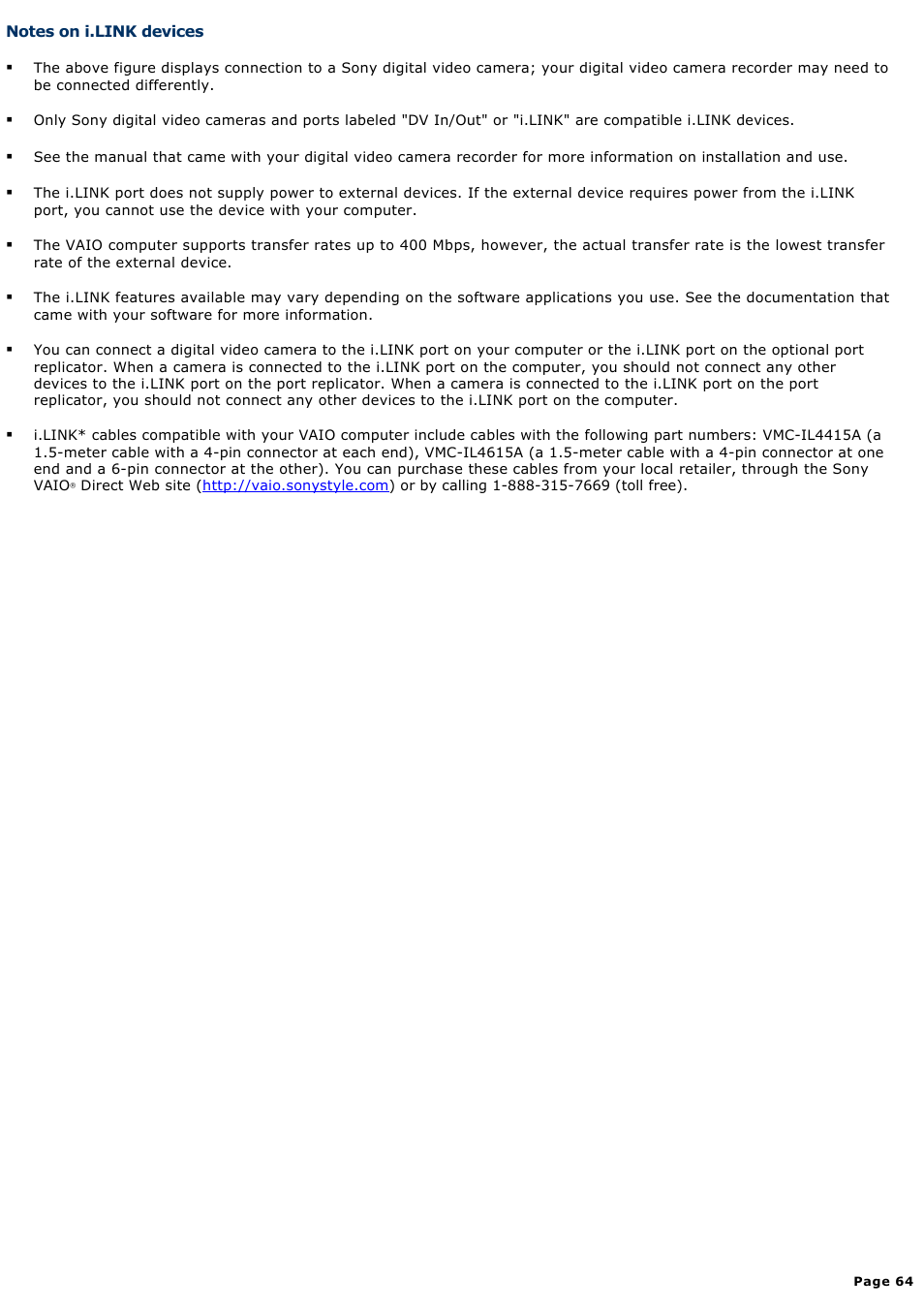 Notes on i.link devices | Sony PCG-R505ELK User Manual | Page 64 / 214