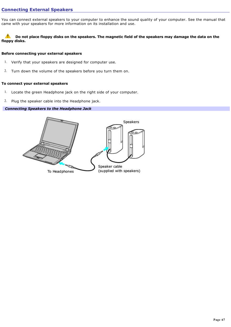 Connecting external speakers | Sony PCG-R505ELK User Manual | Page 67 / 214