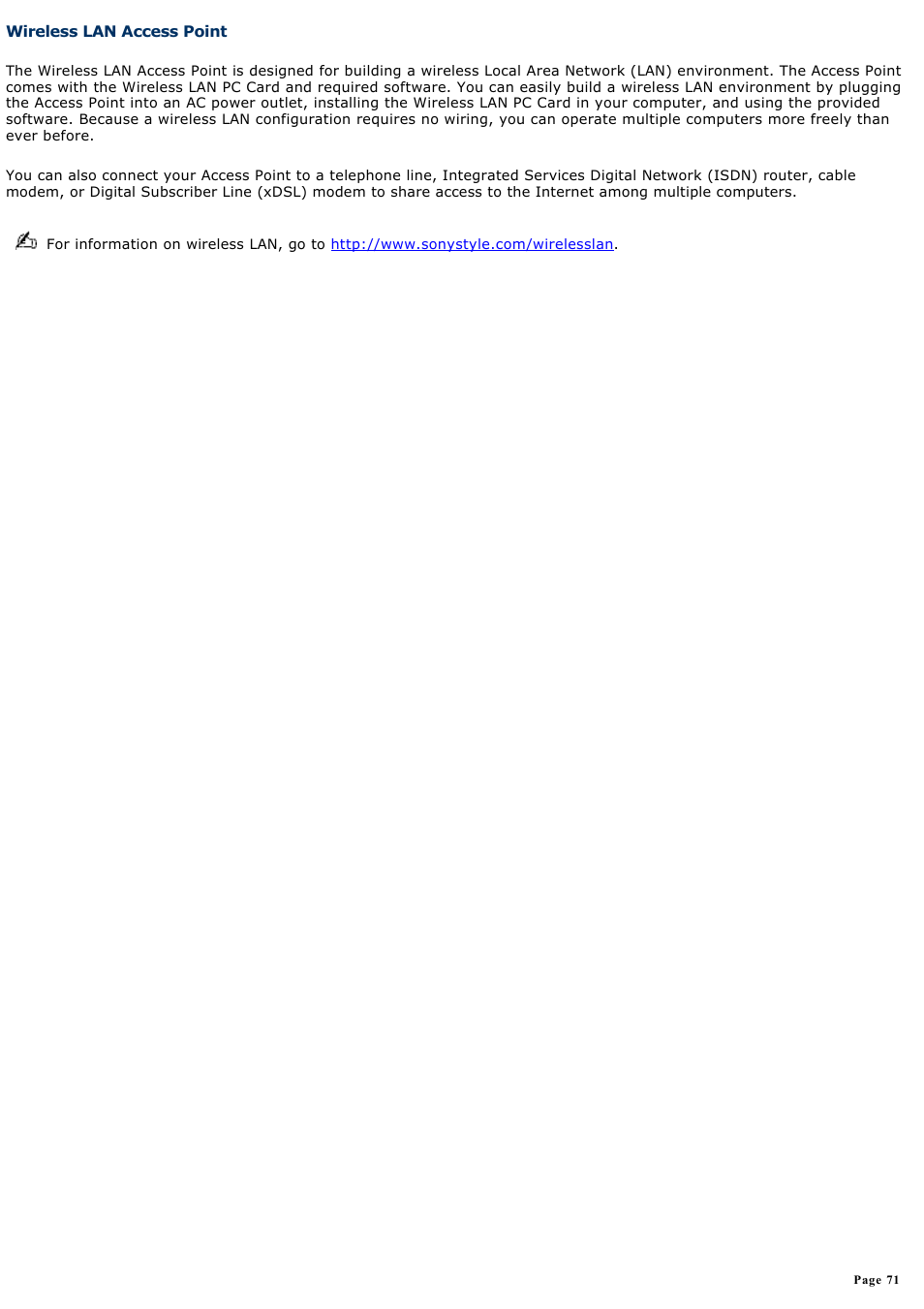 Wireless lan access point | Sony PCG-R505ELK User Manual | Page 71 / 214