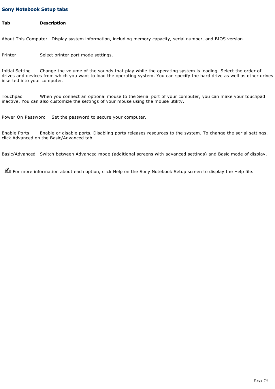 Sony notebook setup tabs | Sony PCG-R505ELK User Manual | Page 74 / 214