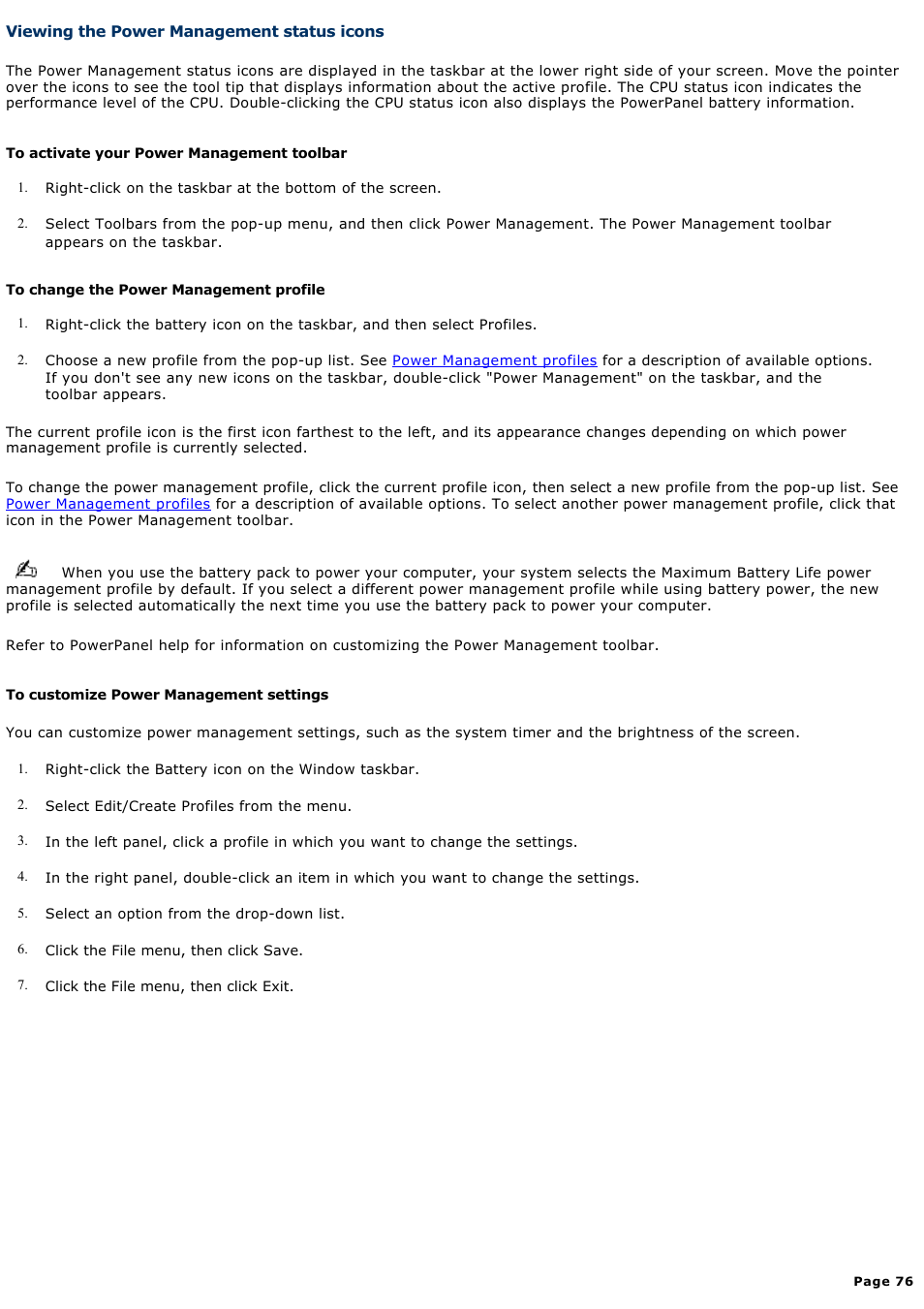 Viewing the power management status icons | Sony PCG-R505ELK User Manual | Page 76 / 214