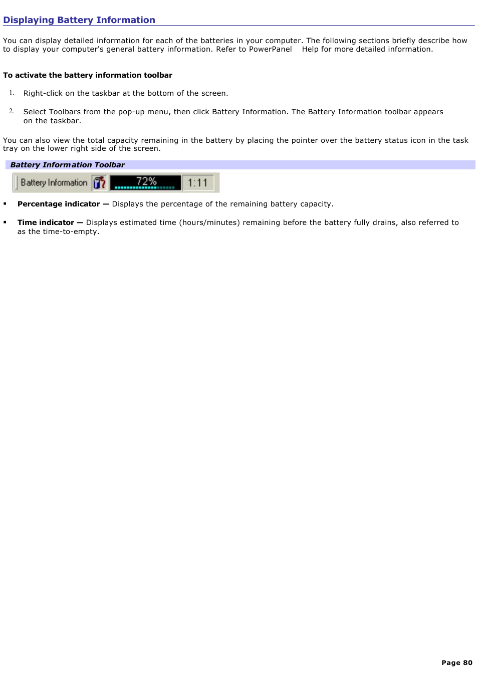 Displaying battery information | Sony PCG-R505ELK User Manual | Page 80 / 214