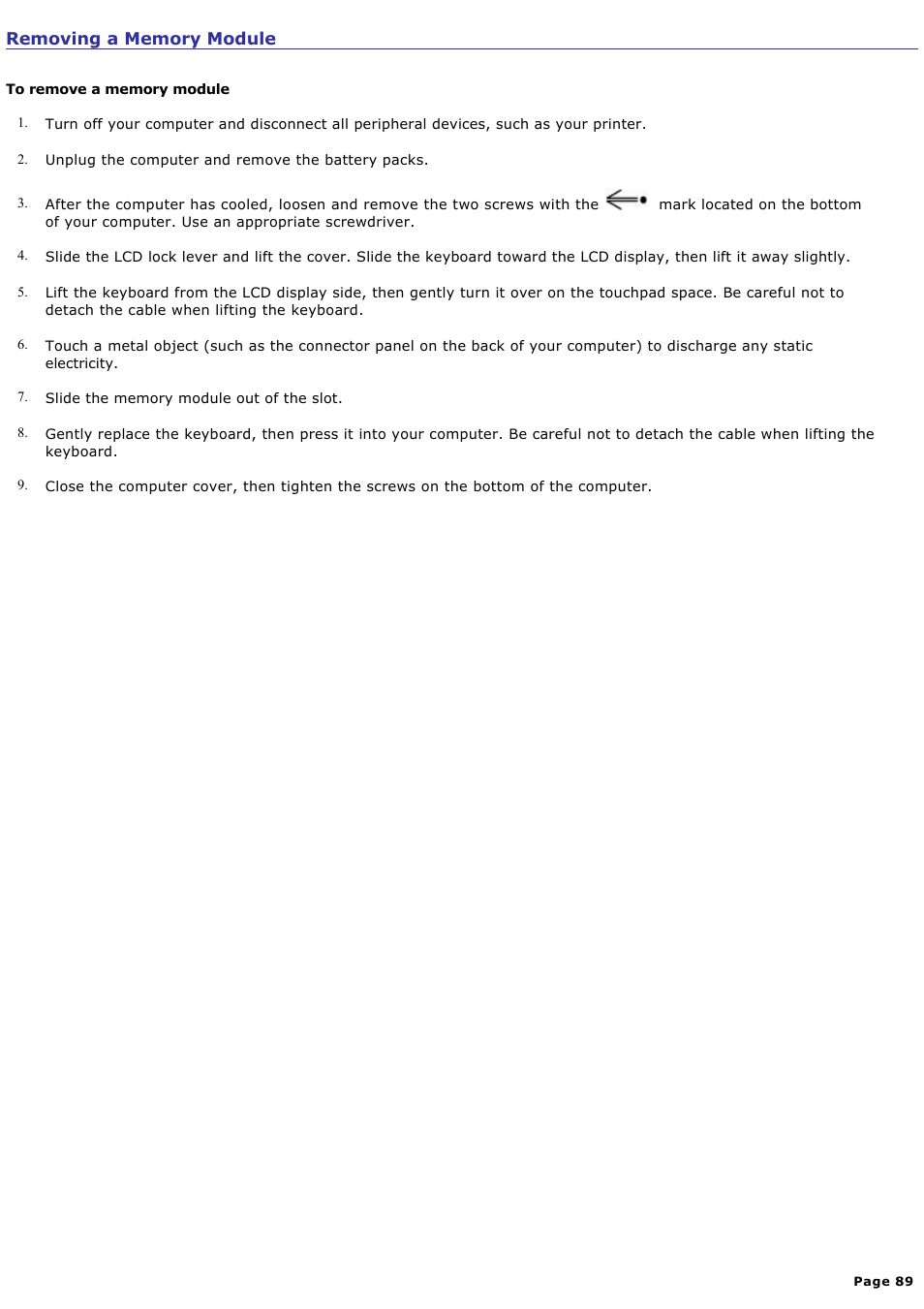 Removing a memory module | Sony PCG-R505ELK User Manual | Page 89 / 214