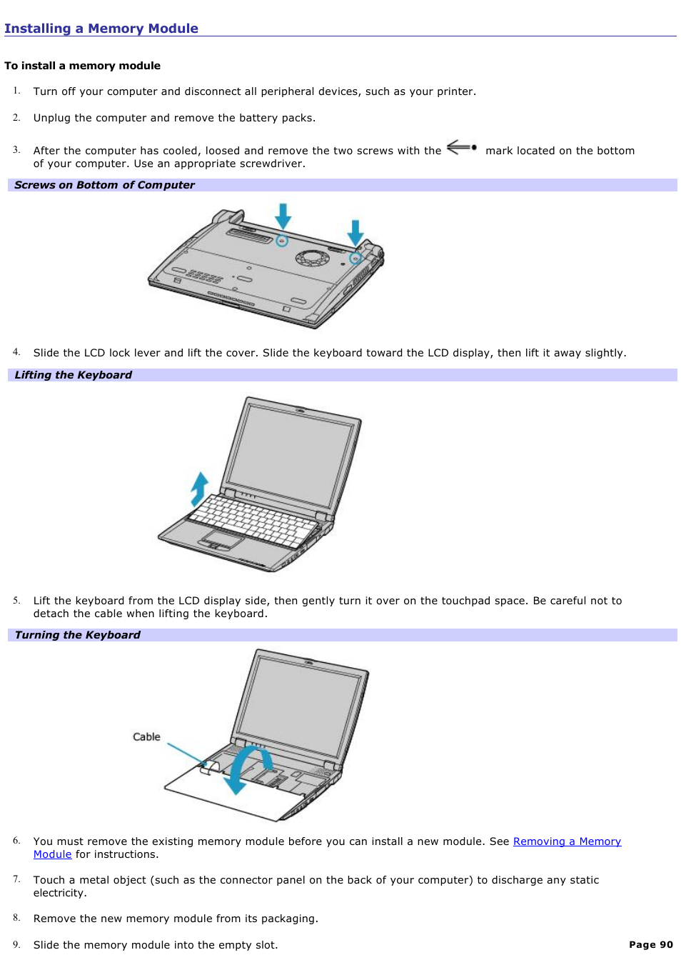 Installing a memory module | Sony PCG-R505ELK User Manual | Page 90 / 214