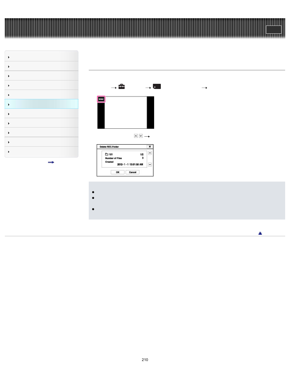 Delete rec.folder, Cyber-shot user guide | Sony DSC-TX200V User Manual | Page 210 / 281