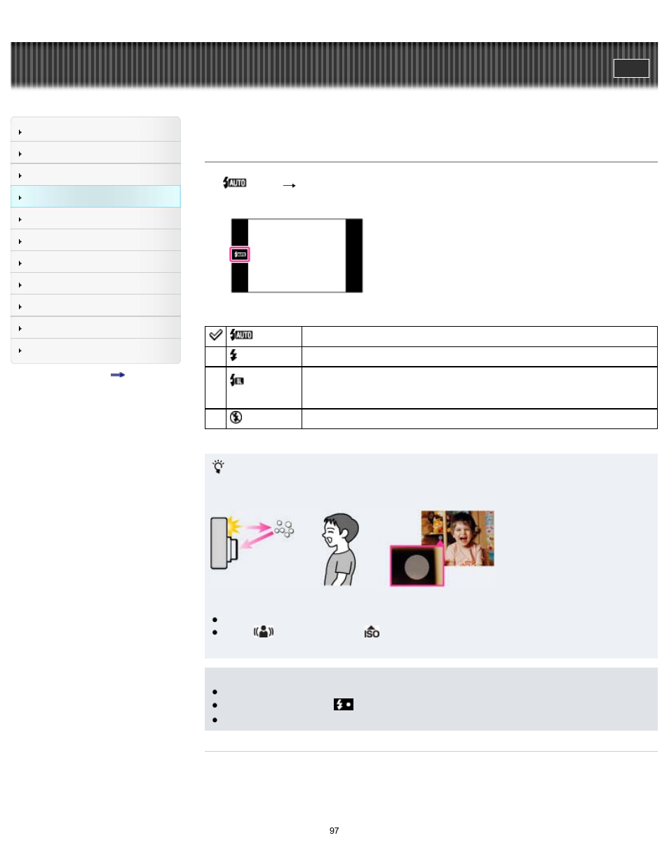 Flash, Cyber-shot user guide | Sony DSC-TX200V User Manual | Page 97 / 281