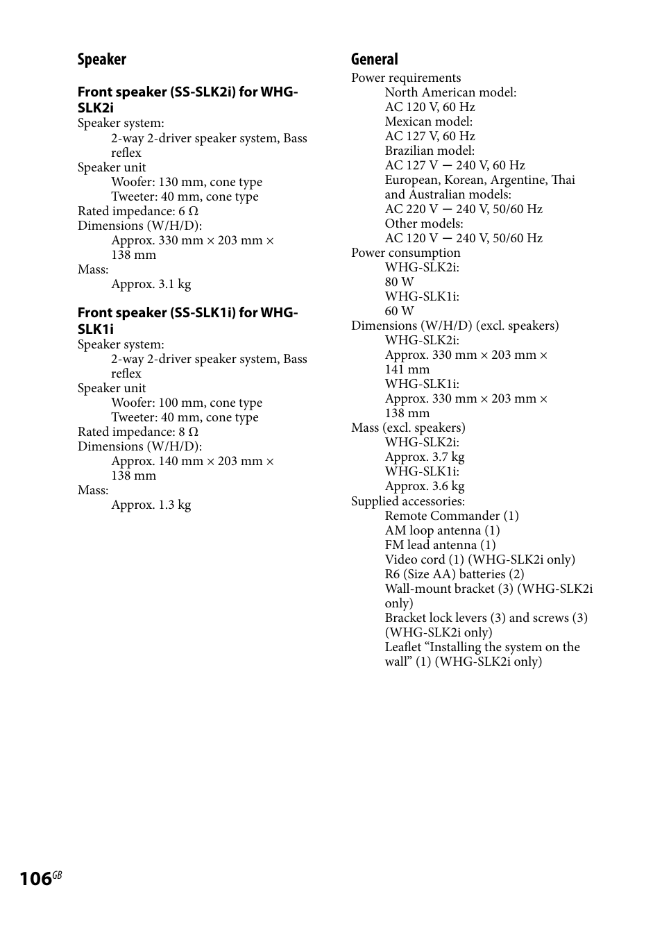 Speaker, General | Sony WHG-SLK1I User Manual | Page 106 / 127