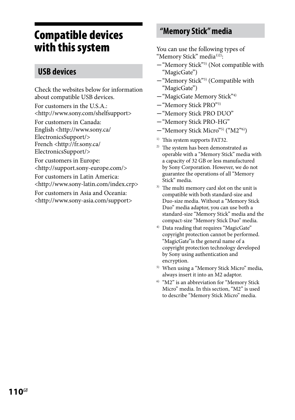 Compatible devices with this system, Compatible devices with, This system | Usb devices | Sony WHG-SLK1I User Manual | Page 110 / 127