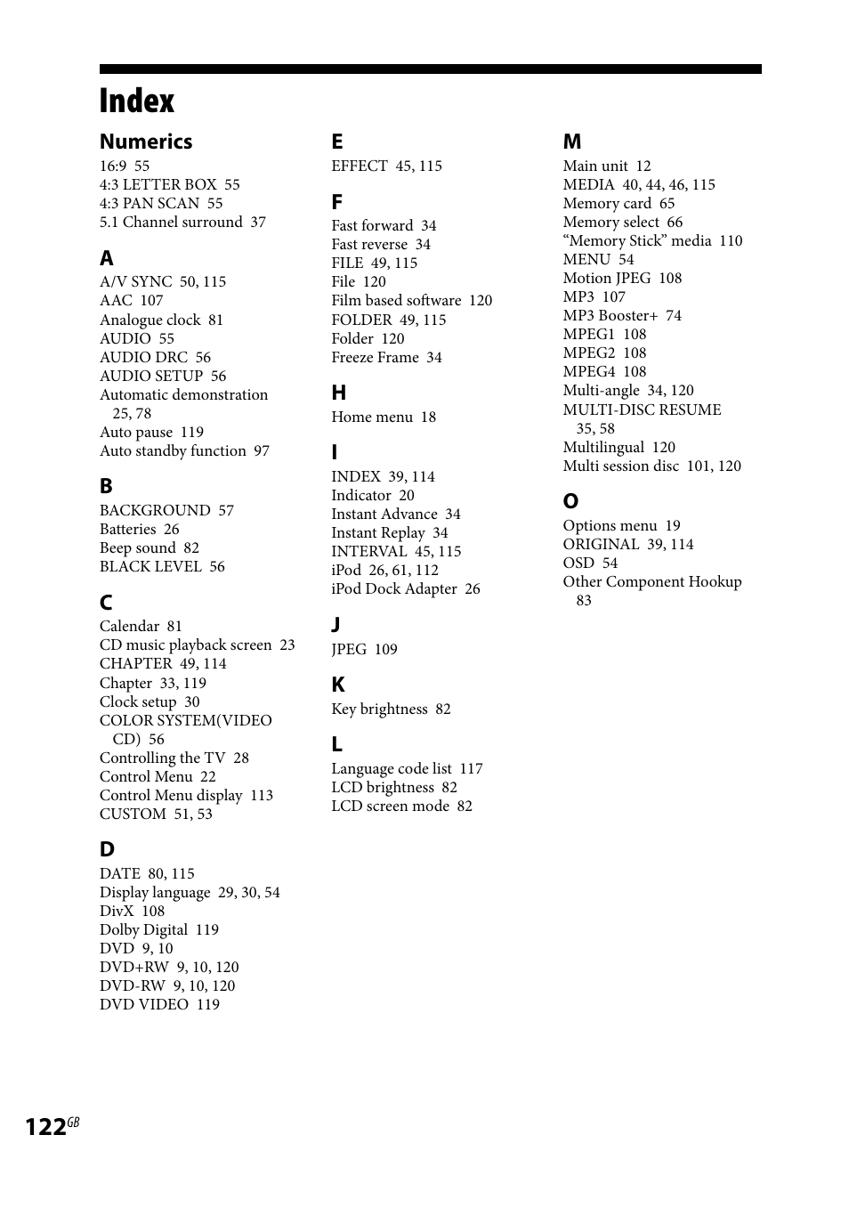 Index, Numerics | Sony WHG-SLK1I User Manual | Page 122 / 127