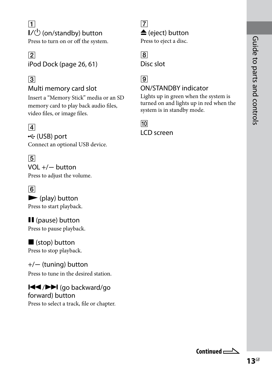 Guide t o par ts and c on tr ols | Sony WHG-SLK1I User Manual | Page 13 / 127