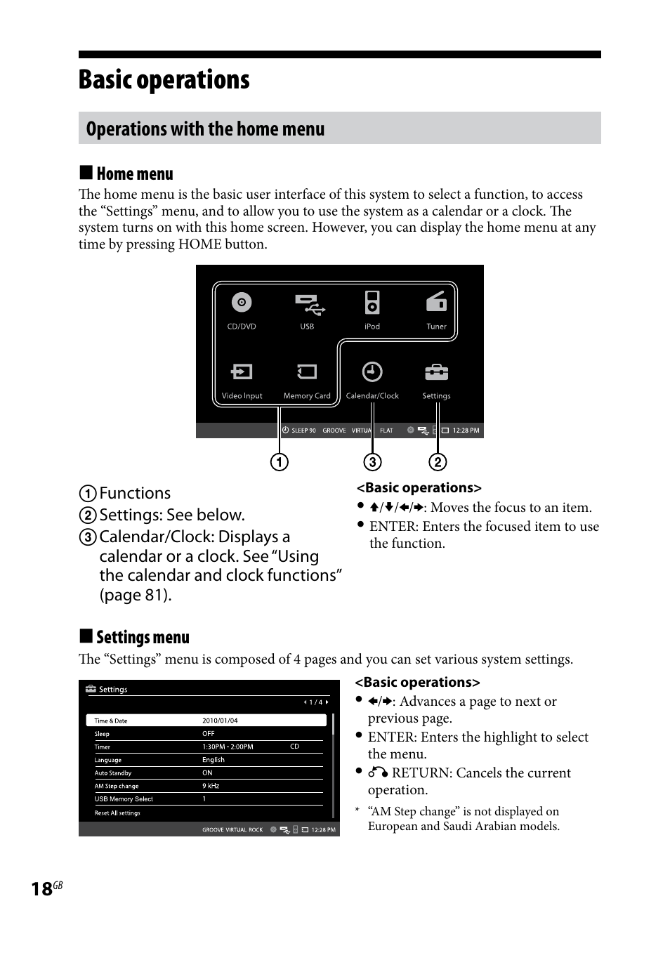 Basic operations, Operations with the home menu, Home menu | Settings menu | Sony WHG-SLK1I User Manual | Page 18 / 127