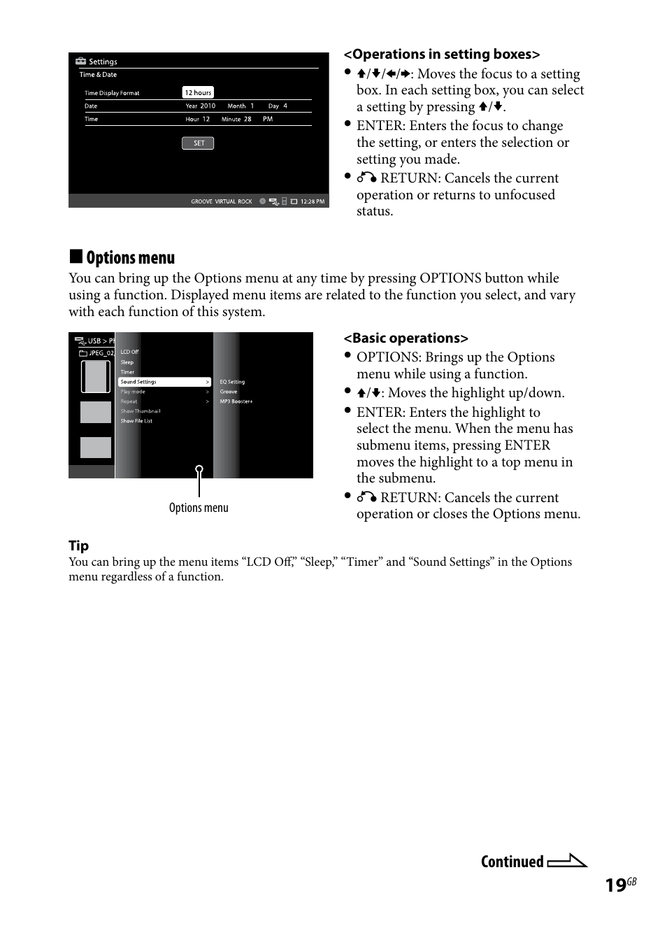 Options menu | Sony WHG-SLK1I User Manual | Page 19 / 127