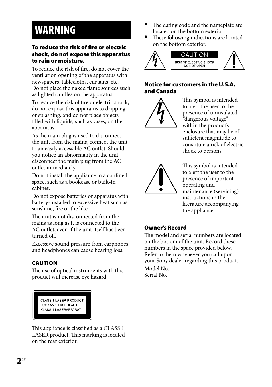 Warning | Sony WHG-SLK1I User Manual | Page 2 / 127