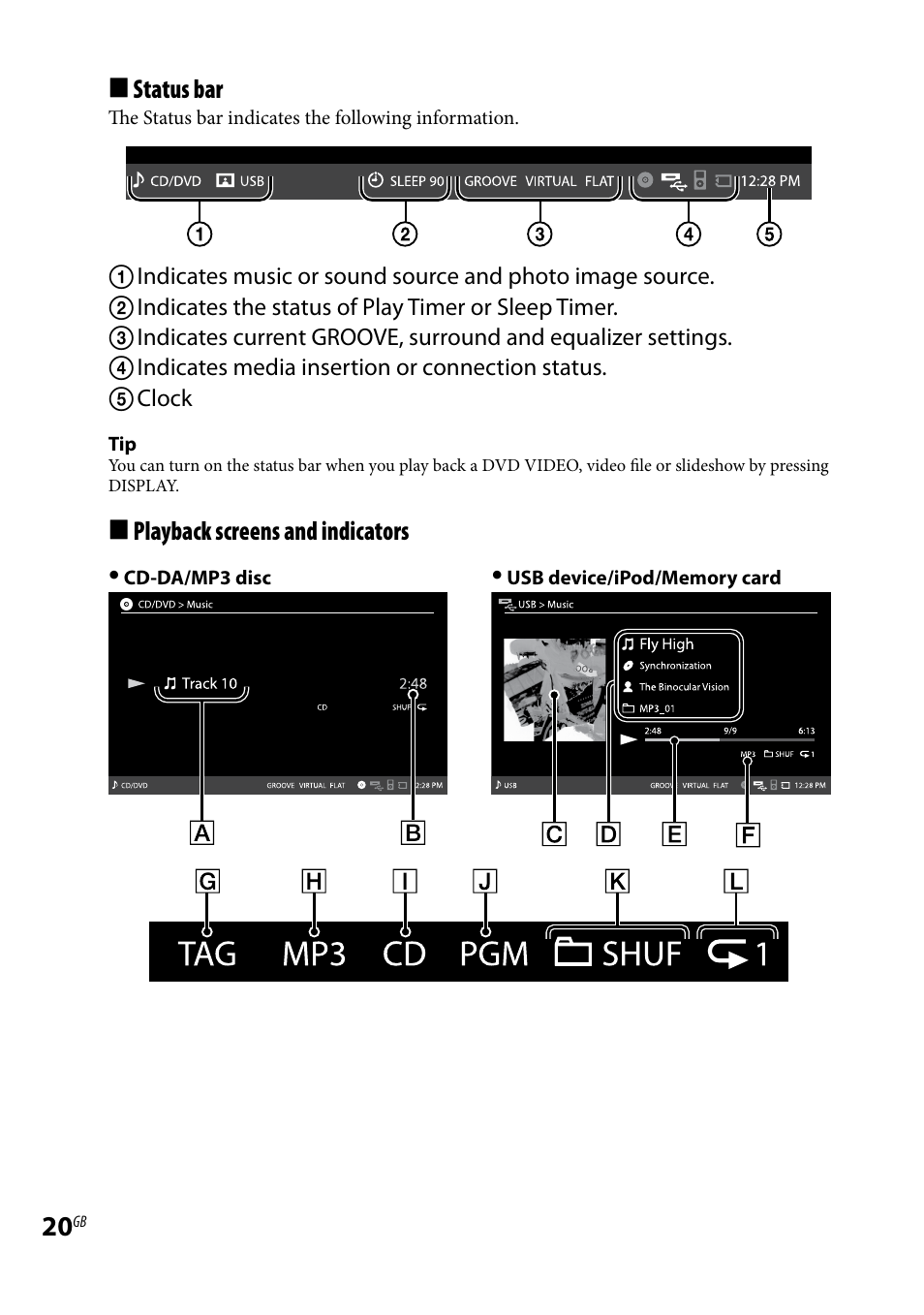 Status bar, Playback screens and indicators | Sony WHG-SLK1I User Manual | Page 20 / 127