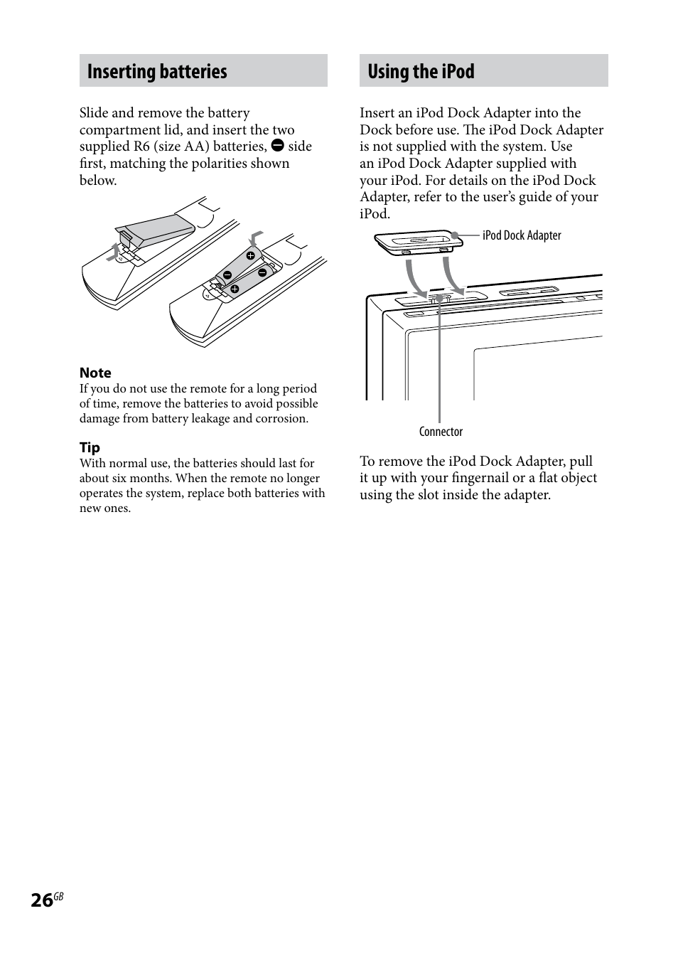 Inserting batteries, Using the ipod | Sony WHG-SLK1I User Manual | Page 26 / 127