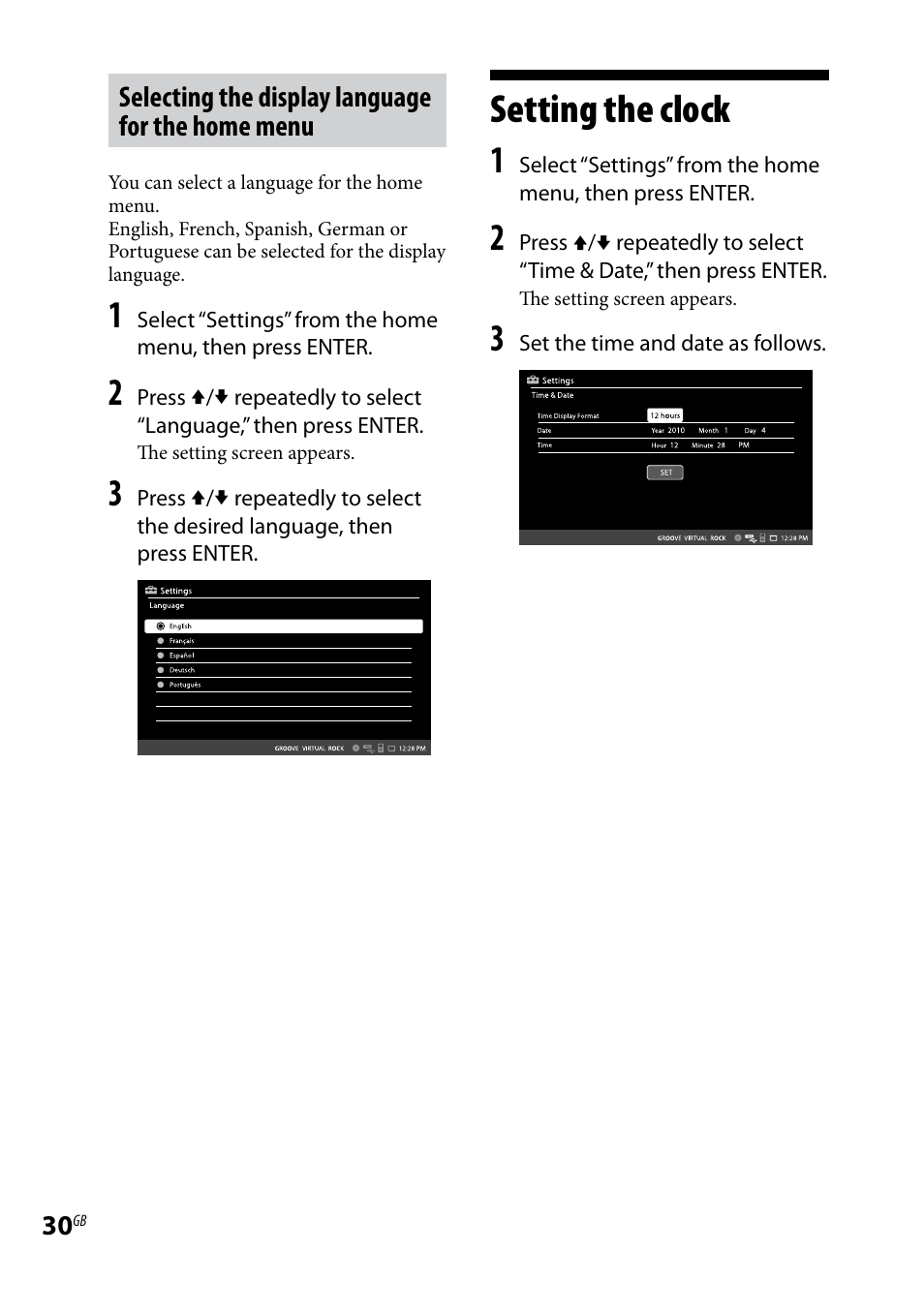 Setting the clock, Selecting the display language for the home menu | Sony WHG-SLK1I User Manual | Page 30 / 127