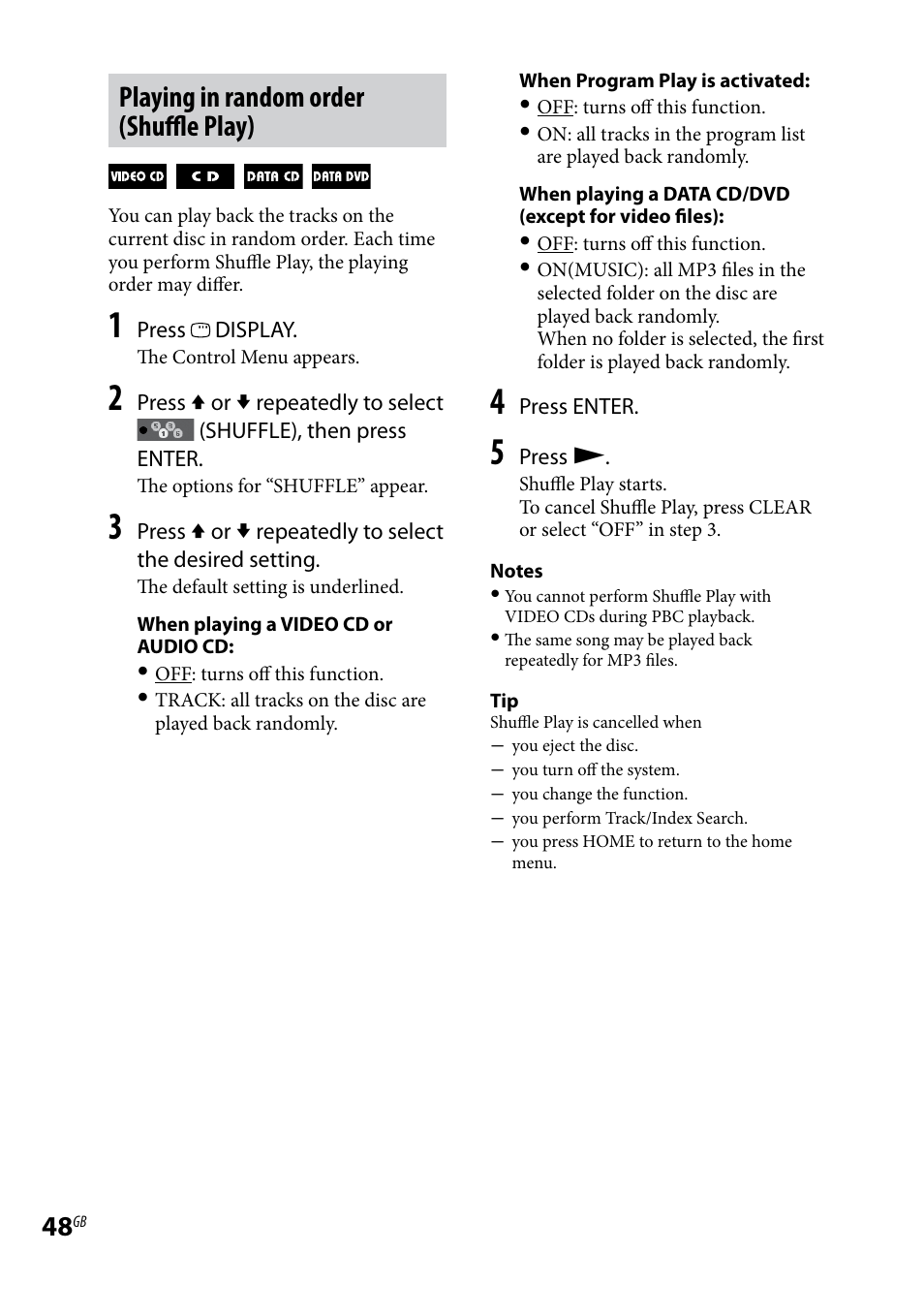 Playing in random order (shuffle play) | Sony WHG-SLK1I User Manual | Page 48 / 127