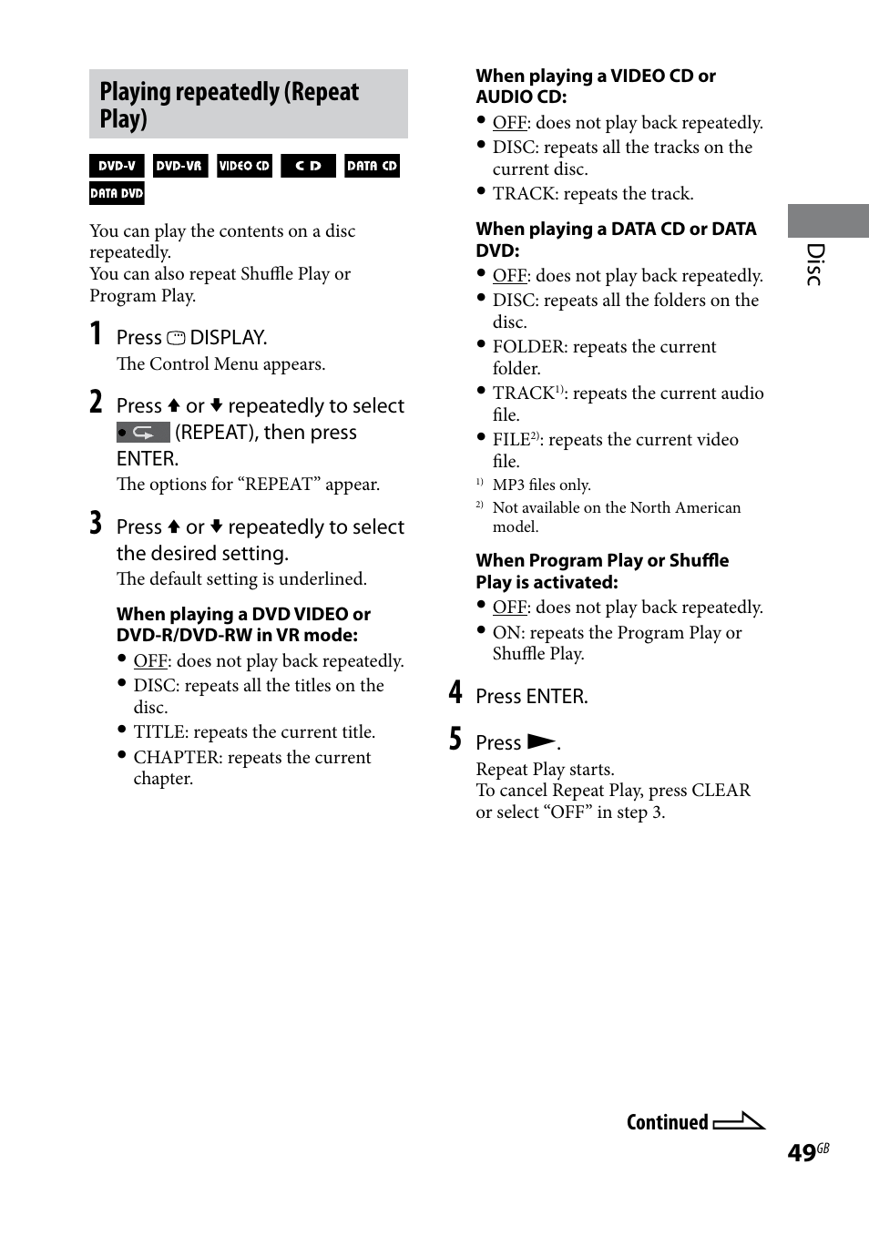 Playing repeatedly (repeat play), Disc | Sony WHG-SLK1I User Manual | Page 49 / 127